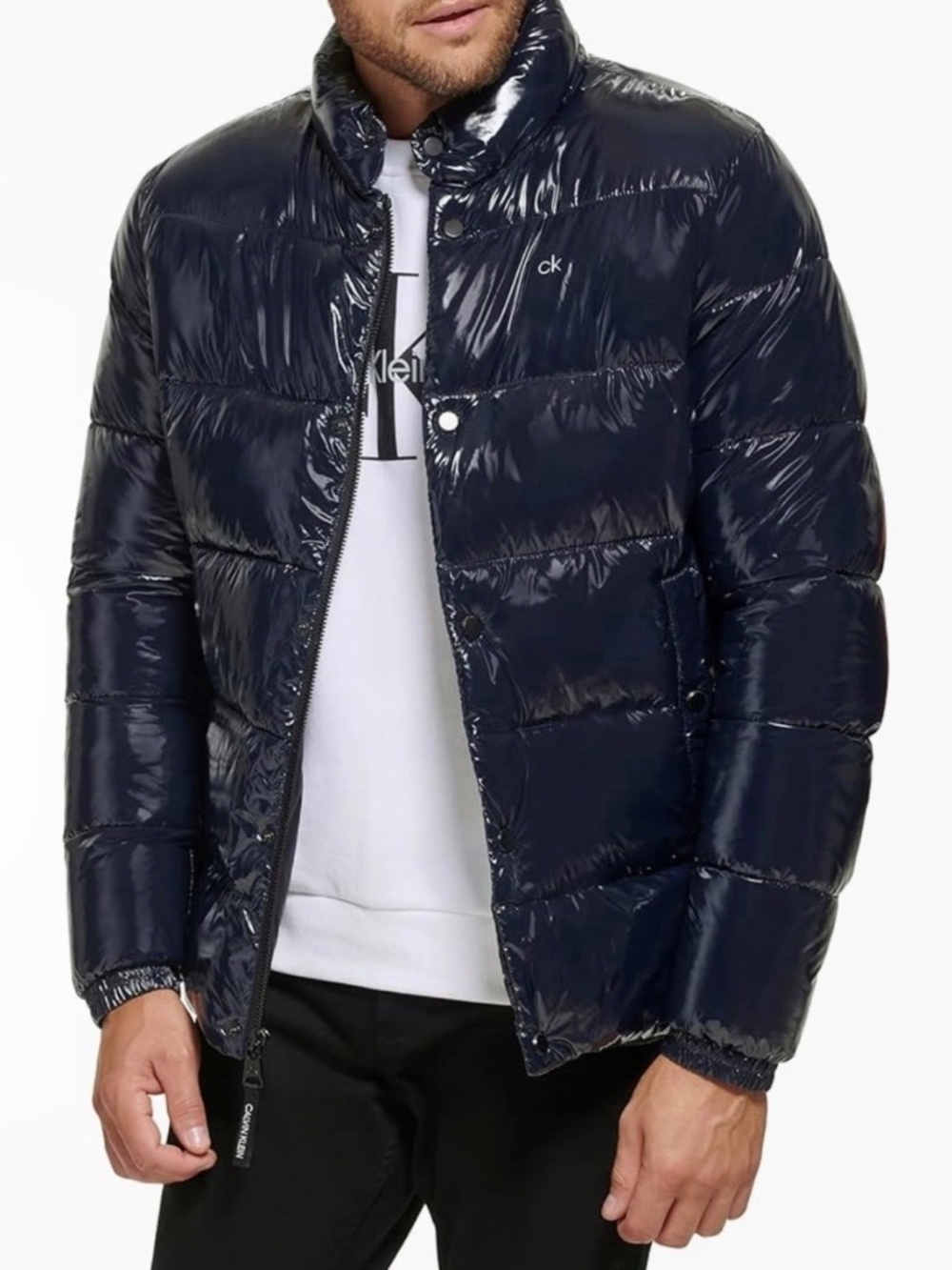 New Mens Calvin Klein Navy Quilted Water Resistant Puffer Jacket Sz L MSRP $225